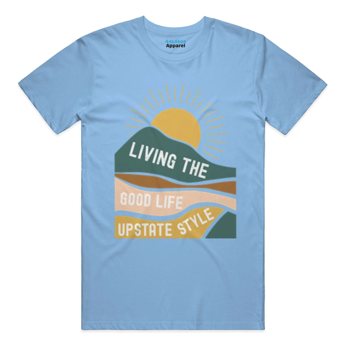 Light blue t-shirt with a graphic design and text on a white background